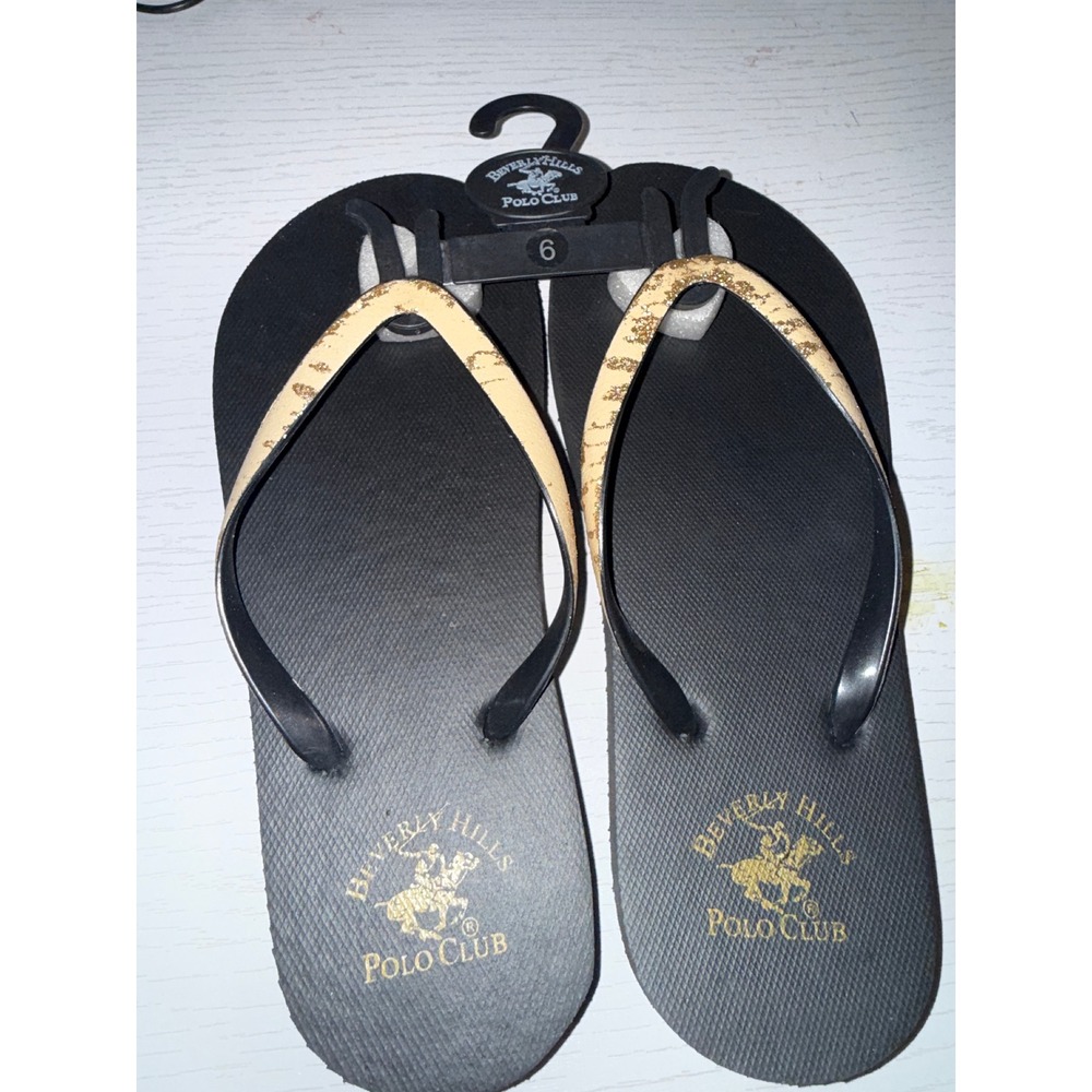 Beverly Hills Polo Club Womens Flip Flops Black Gold Leopard Print Size 6